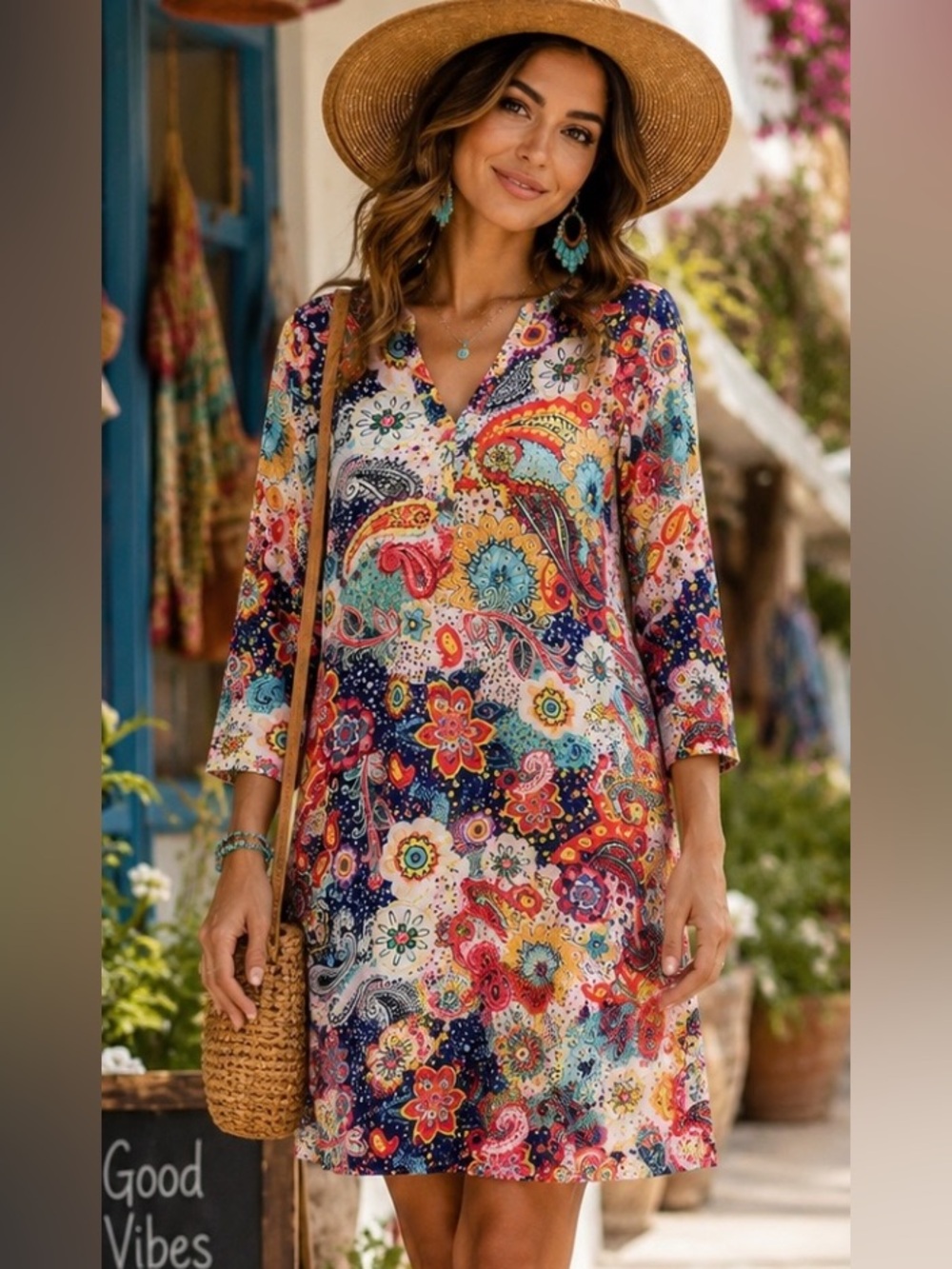 Boho Paisley Shift Dress Floral V-Neck Pink Navy Aqua Resort Medium